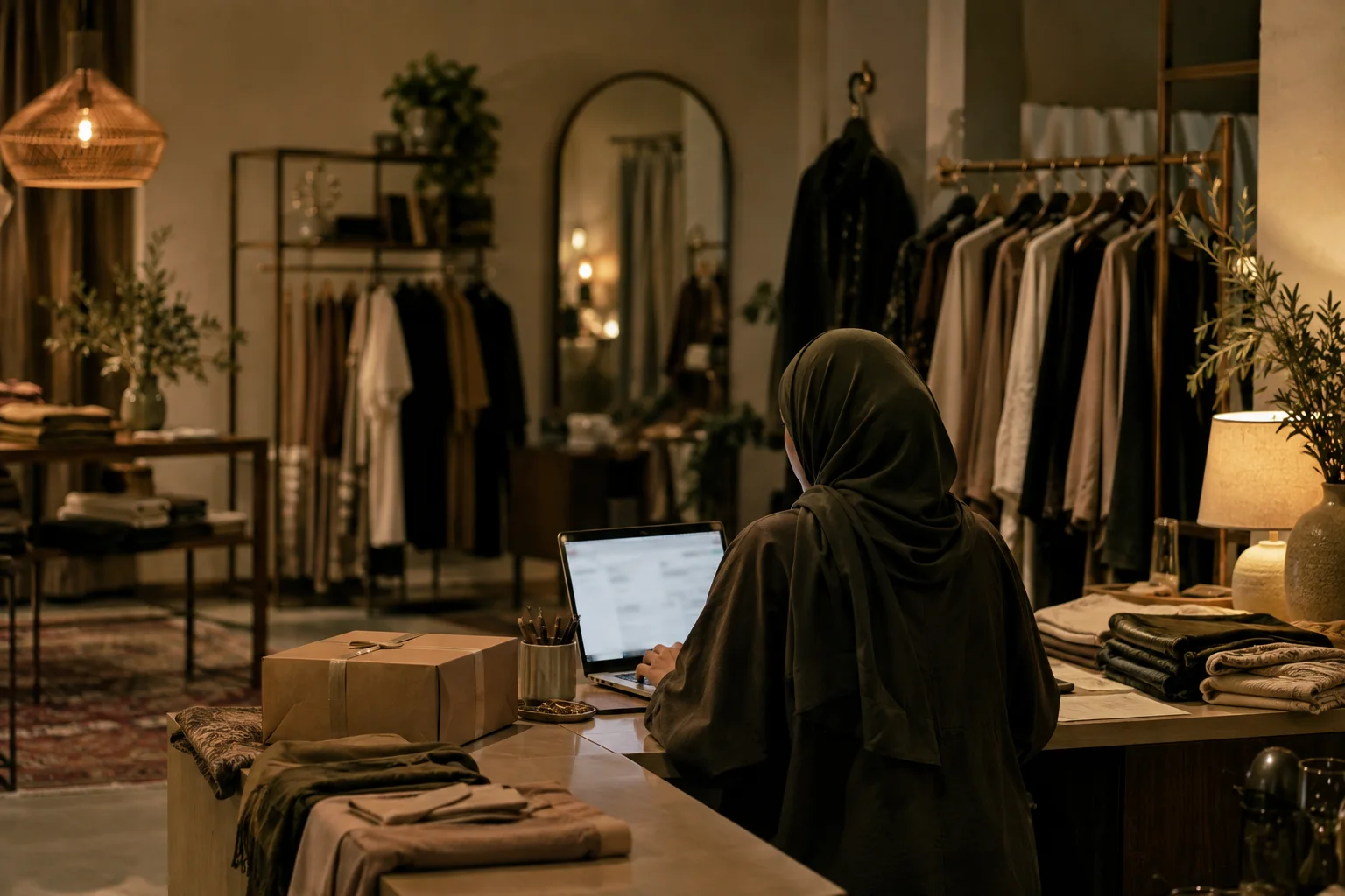 عضوة فريق متجر تتابع العمل مساءً من داخل المتجر